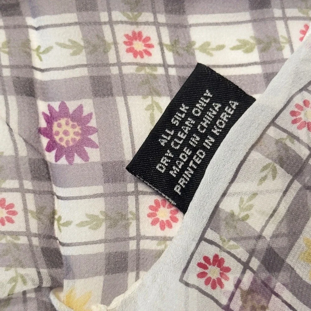Cejon Silk Scarf Square Plaid Floral Purple Yellow Vtg Y2K 90s Printed‎ in Korea